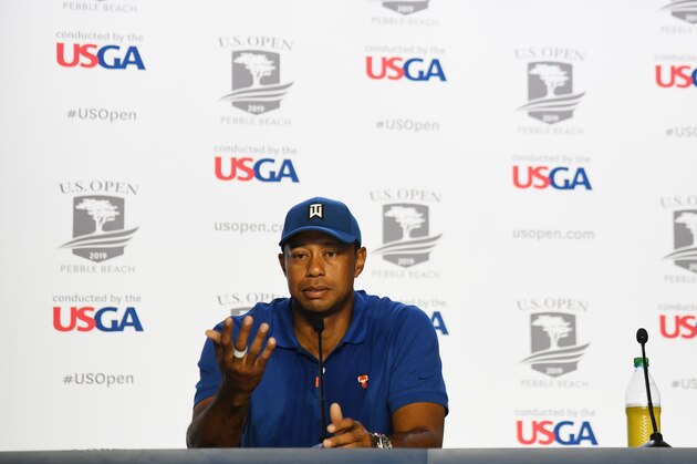 PEBBLE BEACH, CALIFORNIA - JUNE 11: Tiger Woods of the United States speaks to the media during a press conference prior to the 2019 U.S. Open at Pebble Beach Golf Links on June 11, 2019 in Pebble Beach, California. (Photo by Harry How/Getty Images)