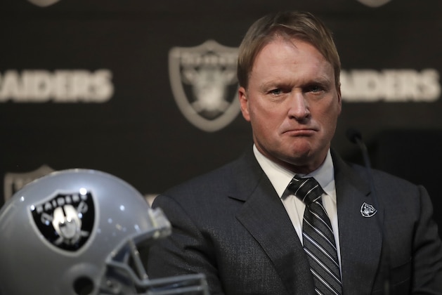 Oakland Raiders coach Jon Gruden listens to questions from the media during an NFL news conference regarding the signing of wide receiver Antonio Brown Wednesday, March 13, 2019, in Alameda, Calif. (AP Photo/Ben Margot)