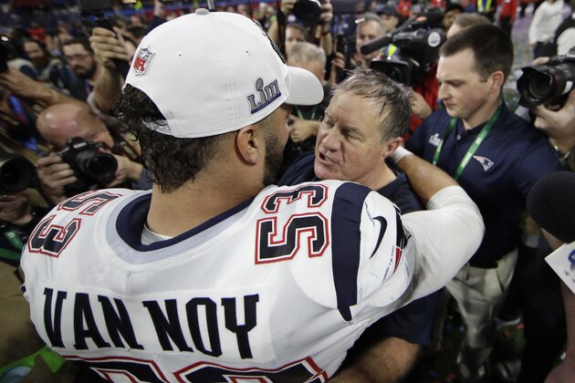 New England Patriots' Kyle Van Noy (53) hugs head coach Bill Belichick after the NFL Super Bowl 53 football game against the Los Angeles Rams, Sunday, Feb. 3, 2019, in Atlanta. The Patriots won 13-3. (AP Photo/Matt Rourke)
