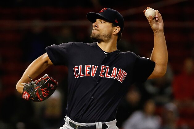 BOSTON, MA - MAY 29: Brad Hand #33 of the Cleveland Indians throws in the ninth inning against the Boston Red Sox  at Fenway Park on May 29, 2019 in Boston, Massachusetts. (Photo by Jim Rogash/Getty Images)