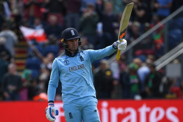 England's Jason Roy celebrates after scoring 150 runs during the 2019 Cricket World Cup group stage match between England and Bangladesh at Sophia Gardens stadium in Cardiff, south Wales, on June 8, 2019. (Photo by Paul ELLIS / AFP) / RESTRICTED TO EDITORIAL USE        (Photo credit should read PAUL ELLIS/AFP/Getty Images)