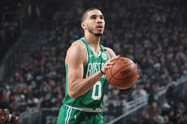 MILWAUKEE, WI - MAY 8: Jayson Tatum #0 of the Boston Celtics shoots a free-throw against the Milwaukee Bucks  during Game Five of the Eastern Conference Semifinals of the 2019 NBA Playoffs on May 8, 2019 at the Fiserv Forum in Milwaukee, Wisconsin. NOTE TO USER: User expressly acknowledges and agrees that, by downloading and/or using this photograph, user is consenting to the terms and conditions of the Getty Images License Agreement. Mandatory Copyright Notice: Copyright 2019 NBAE (Photo by Nathaniel S. Butler/NBAE via Getty Images)