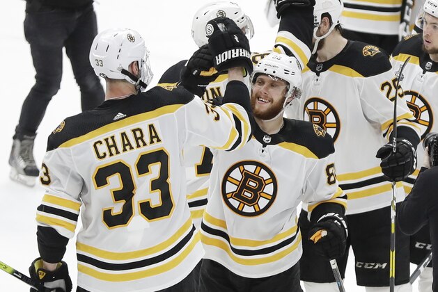 Boston Bruins defenseman Zdeno Chara (33), of Slovakia, celebrates with right wing David Pastrnak (88), of the Czech Republic, after the Bruins beat the St. Louis Blues in Game 6 of the NHL hockey Stanley Cup Final Sunday, June 9, 2019, in St. Louis. Both players scored goals as the Bruins won 5-1 to even the series 3-3. (AP Photo/Jeff Roberson)