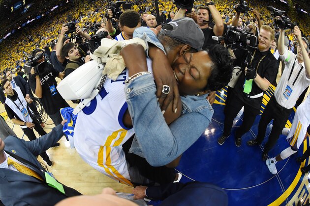 OAKLAND, CA - JUNE 12:  Kevin Durant #35 of the Golden State Warriors and his mother Wanda Durant celebrate after winning the 2017 NBA Finals on June 12, 2017 at ORACLE Arena in Oakland, California. NOTE TO USER: User expressly acknowledges and agrees that, by downloading and/or using this photograph, user is consenting to the terms and conditions of Getty Images License Agreement. Mandatory Copyright Notice: Copyright 2017 NBAE (Photo by Andrew D. Bernstein/NBAE via Getty Images)