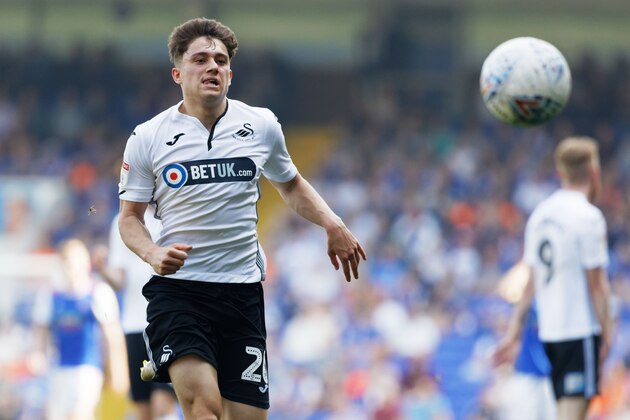 IPSWICH, ENGLAND - APRIL 22: Daniel James of Swansea City in action during the Sky Bet Championship match between Ipswich Town an Swansea City at Portman Road Stadium on April 22, 2019 in Ipswich, England. (Photo by Athena Pictures/Getty Images)