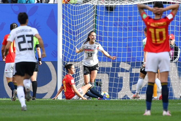 Germany's midfielder Sara Dabritz (C) celebrates after scoring a goal during the France 2019 Women's World Cup Group B football match between Germany and Spain, on June 12, 2019, at the Hainaut Stadium in Valenciennes, northern France. (Photo by Philippe HUGUEN / AFP)        (Photo credit should read PHILIPPE HUGUEN/AFP/Getty Images)