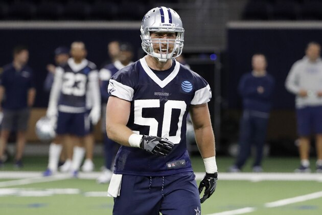 Dallas Cowboys outside linebacker Sean Lee (50) participates in drills at the team's NFL football training facility in Frisco, Texas, Tuesday, June 11, 2019. (AP Photo/Tony Gutierrez