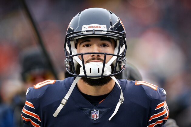 CHICAGO, ILLINOIS - JANUARY 06:  Mitchell Trubisky #10 of the Chicago Bears walks across the field before the NFC Wild Card Playoff game against the Philadelphia Eagles  at Soldier Field on January 06, 2019 in Chicago, Illinois. (Photo by Dylan Buell/Getty Images)