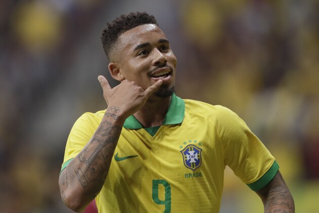 Brazil's Gabriel Jesus celebrates scoring against Qatar during a friendly soccer match at the Estadio Nacional in Brasilia, Brazil, Wednesday, June 5, 2019.(AP Photo/Andre Penner)