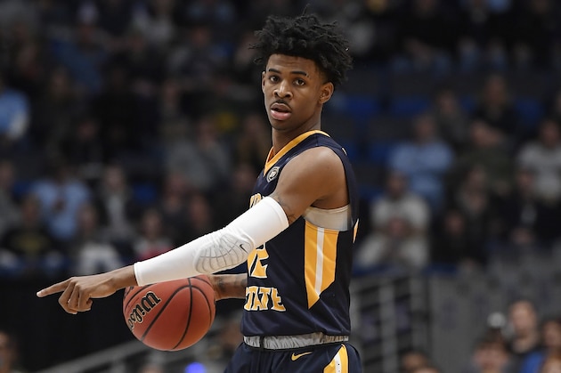 Murray State's Ja Morant (12) during the second half of a second round men's college basketball game in the NCAA tournament, Saturday, March 23, 2019, in Hartford, Conn. (AP Photo/Jessica Hill)