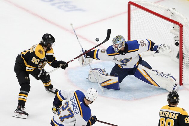 BOSTON, MASSACHUSETTS - JUNE 12:  Jordan Binnington #50 of the St. Louis Blues stops a shot against Marcus Johansson #90 of the Boston Bruins during the first period in Game Seven of the 2019 NHL Stanley Cup Final at TD Garden on June 12, 2019 in Boston, Massachusetts. (Photo by Patrick Smith/Getty Images)