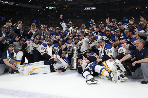 BOSTON, MASSACHUSETTS - JUNE 12: The St. Louis Blues celebrate after defeating the Boston Bruins in Game Seven to win the 2019 NHL Stanley Cup Final at TD Garden on June 12, 2019 in Boston, Massachusetts. (Photo by Patrick Smith/Getty Images)