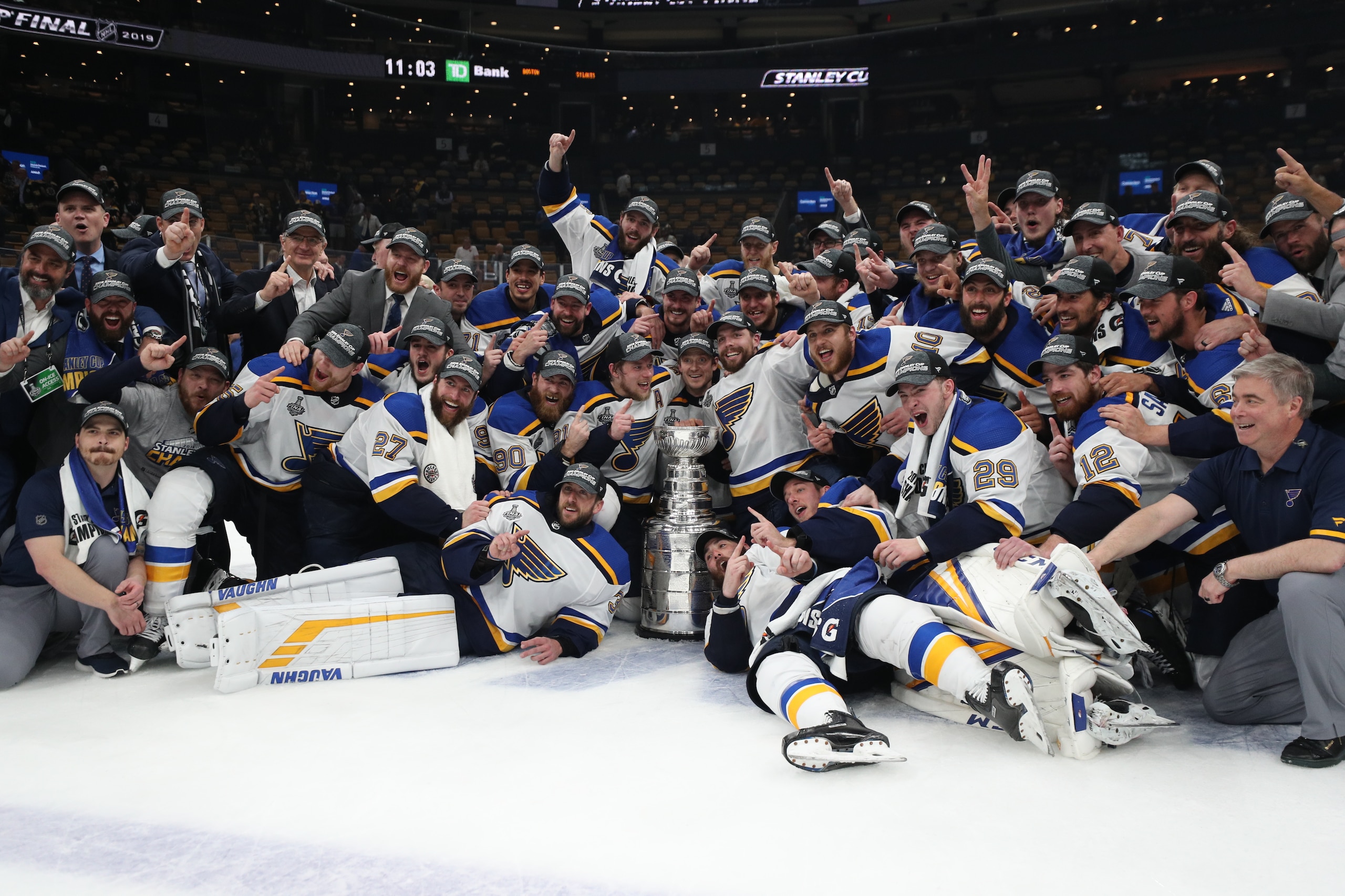 BOSTON, MASSACHUSETTS - JUNE 12: The St. Louis Blues celebrate after defeating the Boston Bruins in Game Seven to win the 2019 NHL Stanley Cup Final at TD Garden on June 12, 2019 in Boston, Massachusetts. (Photo by Patrick Smith/Getty Images)