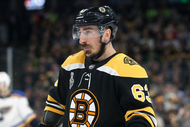 BOSTON, MASSACHUSETTS - JUNE 06:  Brad Marchand #63 of the Boston Bruins looks on against the St. Louis Blues during the third period in Game Five of the 2019 NHL Stanley Cup Final at TD Garden on June 06, 2019 in Boston, Massachusetts. (Photo by Adam Glanzman/Getty Images)