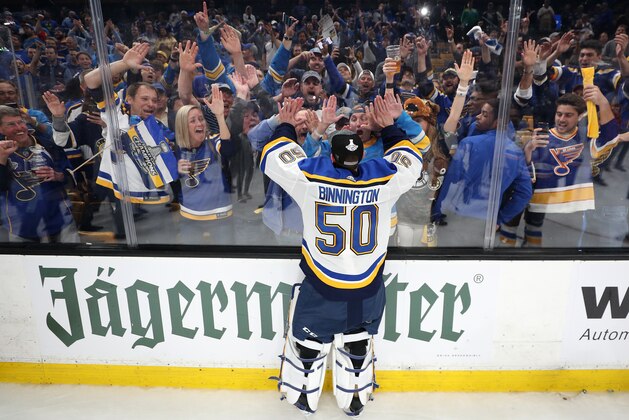 BOSTON, MASSACHUSETTS - JUNE 12: Jordan Binnington #50 of the St. Louis Blues celebrates with the fans after defeating the Boston Bruins in Game Seven of the 2019 NHL Stanley Cup Final at TD Garden on June 12, 2019 in Boston, Massachusetts. (Photo by Patrick Smith/Getty Images)