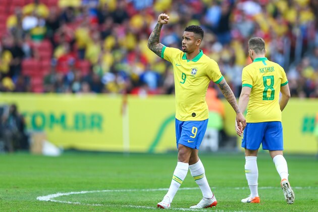 PORTO ALEGRE, BRAZIL - JUNE 9: Gabriel Jesus of Brazil celebrates after scoring the first goal of his team during the match Brazil v Honduras, at Beira-Rio Stadium on June 9, 2019, in Porto Alegre, Brazil. (Photo by Lucas Uebel/Getty Images)
