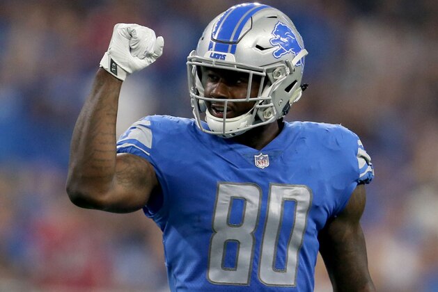 DETROIT, MI - SEPTEMBER 24: Michael Roberts #80 of the Detroit Lions celebrates a field goal during the second quarter at Ford Field on September 24, 2017 in Detroit, Michigan. (Photo by Rey Del Rio/Getty Images)