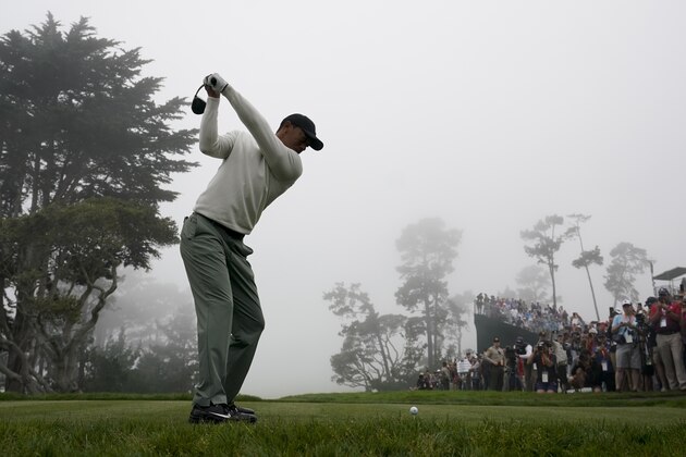 Tiger Woods hits his tee shot on the 13th hole during a practice round for the U.S. Open Championship golf tournament Wednesday, June 12, 2019, in Pebble Beach, Calif. (AP Photo/David J. Phillip)