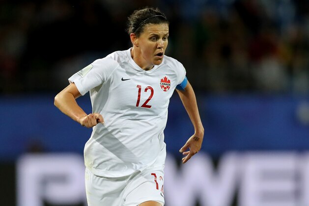 MONTPELLIER, FRANCE - JUNE 10: Christine Sinclair #12 of Canada takes the ball in the second half against Cameroon during the 2019 FIFA Women's World Cup France group E match between Canada and Cameroon at Stade de la Mosson on June 10, 2019 in Montpellier, France. (Photo by Elsa/Getty Images)