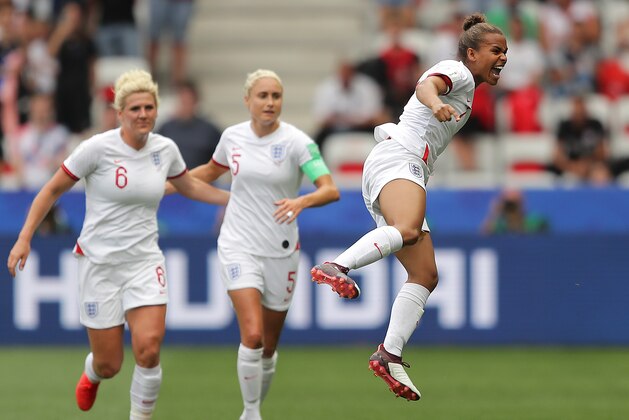 NICE, FRANCE - JUNE 09: Nikita Parris of England celebrates after scoring her team's first goal during the 2019 FIFA Women's World Cup France group D match between England and Scotland at Stade de Nice on June 09, 2019 in Nice, France.  (Photo by Richard Heathcote/Getty Images)