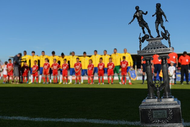 AVIGNON, FRANCE - JUNE 01:  The trophy is seen on the pitch as Brazil sing their national anthem before kick off during the Final of the Toulon Tournament between France and Brazil at the Parc des Sports Avignon on June 1, 2014 in Avignon, France.  (Photo by Christopher Lee/Getty Images)