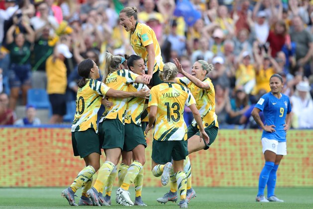 MONTPELLIER, FRANCE - JUNE 13: Chloe Logarzo of Australia celebrates with teammates after scoring her team's second goal during the 2019 FIFA Women's World Cup France group C match between Australia and Brazil at Stade de la Mosson on June 13, 2019 in Montpellier, France. (Photo by Elsa/Getty Images)