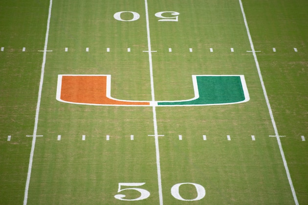 MIAMI, FL - OCTOBER 06: A general view of the Miami Hurricanes logo before the game between the Miami Hurricanes and the Florida State Seminoles at Hard Rock Stadium on October 6, 2018 in Miami, Florida. (Photo by Mark Brown/Getty Images)