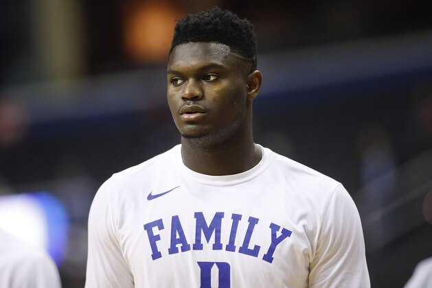 Duke forward Zion Williamson on the court warming up before the start of a NCAA men's East Regional final college basketball game against Michigan State in Washington, Sunday, March 31, 2019. (AP Photo/Patrick Semansky)