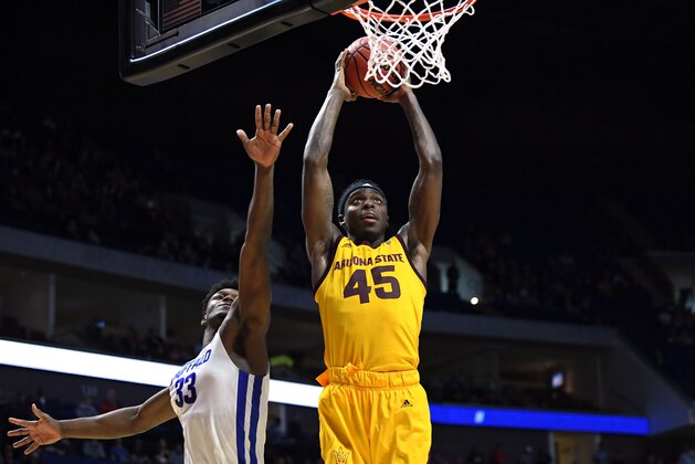 TULSA, OKLAHOMA - MARCH 22:  Zylan Cheatham #45 of the Arizona State Sun Devils dunks the ball over Nick Perkins #33 of the Buffalo Bulls during the first half of the first round game of the 2019 NCAA Men's Basketball Tournament at BOK Center on March 22, 2019 in Tulsa, Oklahoma. (Photo by Harry How/Getty Images)
