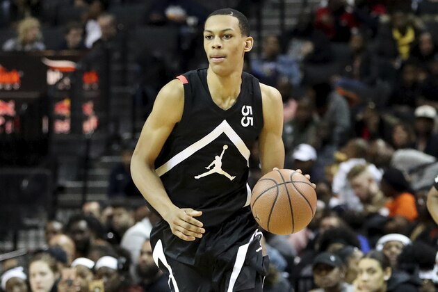 The Black Team's Darius Bazley #55 in action against the White Team during the Jordan Brand Classic high school basketball game, Sunday, April 8, 2018, in Brooklyn. (AP Photo/Gregory Payan)
