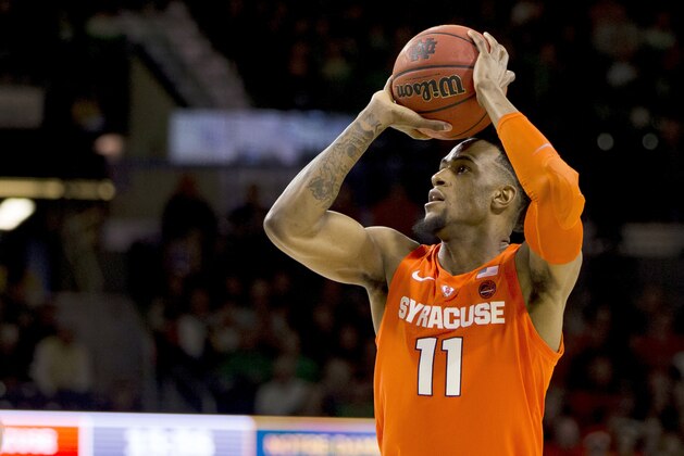 Syracuse's Oshae Brissett (11) shoots during the first half of an NCAA college basketball game against Notre Dame Saturday, Jan. 5, 2019, in South Bend, Ind. Syracuse won 72-62. (AP Photo/Robert Franklin)