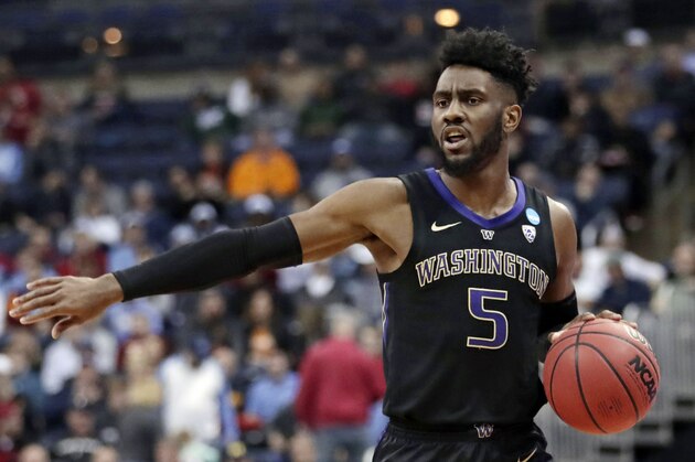 Washington's Jaylen Nowell drives against Utah State in the first half during a first round men's college basketball game in the NCAA Tournament in Columbus, Ohio, Friday, March 22, 2019. (AP Photo/Tony Dejak)