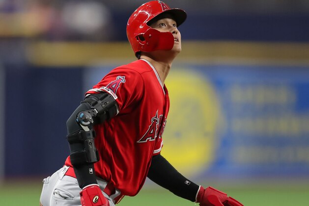 ST. PETERSBURG, FL - JUNE 13: Shohei Ohtani #17 of the Los Angeles Angels watches a pop fly in the third inning of a baseball game against the Tampa Bay Rays at Tropicana Field on June 13, 2019 in St. Petersburg, Florida. (Photo by Mike Carlson/Getty Images)
