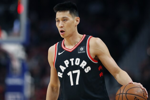 Toronto Raptors guard Jeremy Lin brings the ball up court during the first half of an NBA basketball game, Sunday, March 17, 2019, in Detroit. (AP Photo/Carlos Osorio)