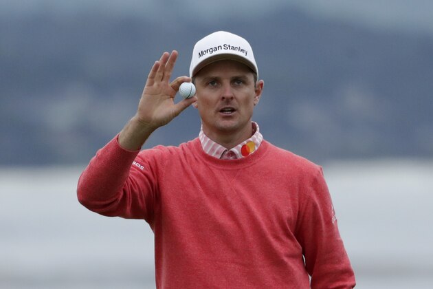 Justin Rose, of England, waves after his first round of the U.S. Open Championship golf tournament Thursday, June 13, 2019, in Pebble Beach, Calif. (AP Photo/Matt York)