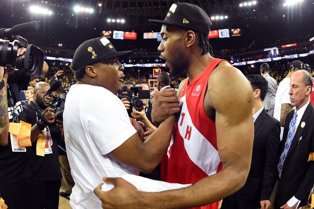 OAKLAND, CA - JUNE 13: Kyle Lowry #7 and Kawhi Leonard #2 of the Toronto Raptors celebrate after Game Six of the NBA Finals against the Golden State Warriors on June 13, 2019 at ORACLE Arena in Oakland, California. NOTE TO USER: User expressly acknowledges and agrees that, by downloading and/or using this photograph, user is consenting to the terms and conditions of Getty Images License Agreement. Mandatory Copyright Notice: Copyright 2019 NBAE (Photo by Andrew D. Bernstein/NBAE via Getty Images)