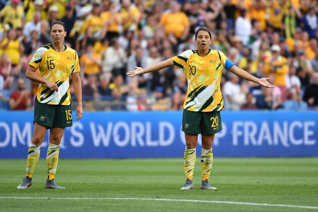 Australia's forward Samantha Kerr reacts during a refereeing decision before a goal was  allowed  during the France 2019 Women's World Cup Group C football match between Australia and Brazil, on June 13, 2019, at the Mosson Stadium in Montpellier, southern France. (Photo by Pascal GUYOT / AFP)        (Photo credit should read PASCAL GUYOT/AFP/Getty Images)