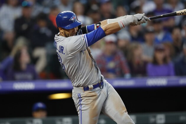 Toronto Blue Jays' Lourdes Gurriel Jr. grounds out against Colorado Rockies starting pitcher Jon Gray in the fourth inning of a baseball game Saturday, June 1, 2019, in Denver. (AP Photo/David Zalubowski)