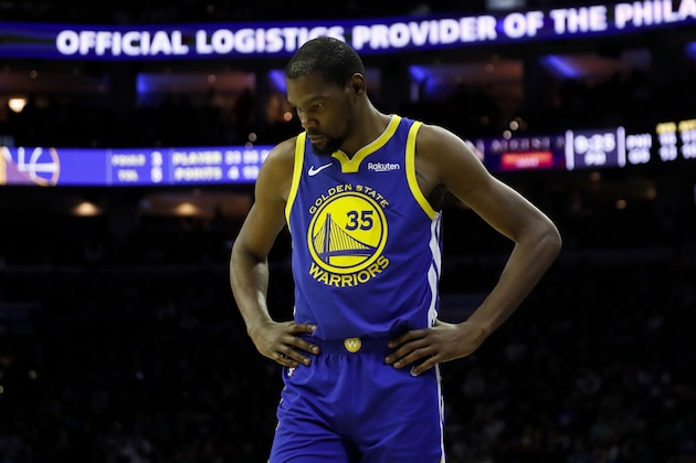 Golden State Warriors' Kevin Durant in action during an NBA basketball game against the Philadelphia 76ers, Saturday, March 2, 2019, in Philadelphia. (AP Photo/Matt Slocum)