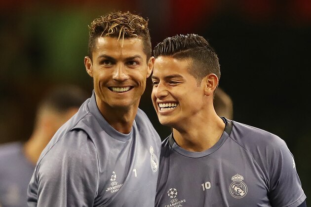 CARDIFF, WALES - JUNE 02: Cristiano Ronaldo and James Rodríguez of Real Madrid areseen during a training session prior to The UEFA Champions League Final between Juventus and Real Madrid at the National Stadium of Wales on June 02, 2017 in Cardiff, Wales. (Photo by Ian MacNicol/Getty Images)