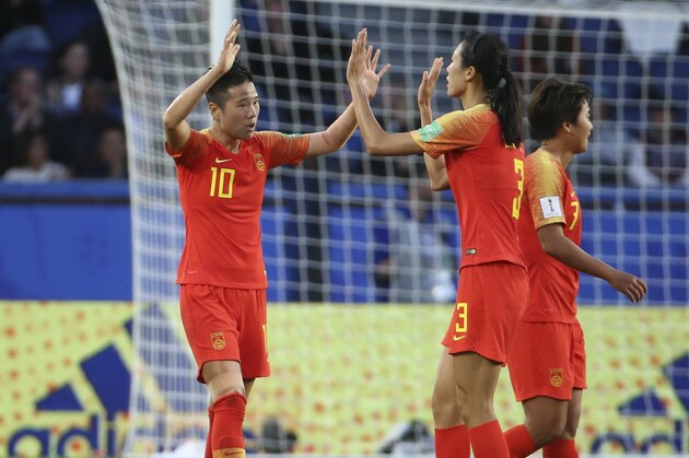 PARIS, FRANCE - JUNE 13: Li Ying of China celebrates her goal with Lin Yuping during the 2019 FIFA Women's World Cup France group B match between South Africa and China PR at Parc des Princes stadium on June 13, 2019 in Paris, France. (Photo by Jean Catuffe/Getty Images)