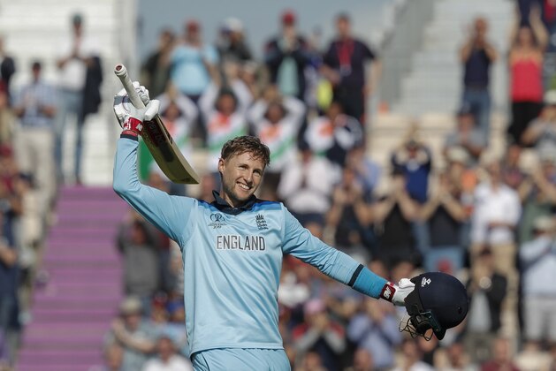 England's Joe Root celebrates after scoring a century (100 runs) during the 2019 Cricket World Cup group stage match between England and West Indies at the Rose Bowl in Southampton, southern England, on June 14, 2019. (Photo by Adrian DENNIS / AFP) / RESTRICTED TO EDITORIAL USE        (Photo credit should read ADRIAN DENNIS/AFP/Getty Images)