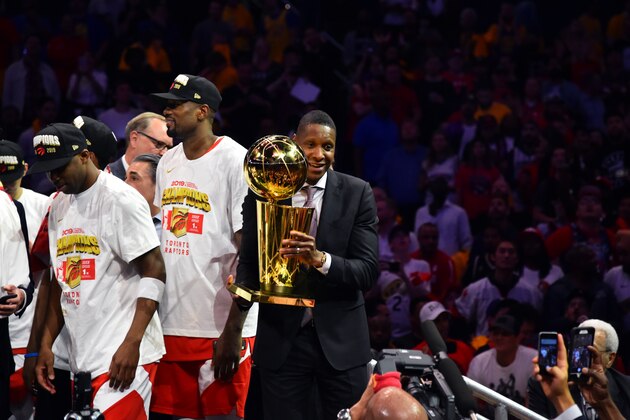 OAKLAND, CA - JUNE 13: The Toronto Raptors and Masai Ujiri celebrate after winning the 2019 NBA Finals against the Golden State Warriors after Game Six of the NBA Finals on June 13, 2019 at ORACLE Arena in Oakland, California. NOTE TO USER: User expressly acknowledges and agrees that, by downloading and/or using this photograph, user is consenting to the terms and conditions of Getty Images License Agreement. Mandatory Copyright Notice: Copyright 2019 NBAE (Photo by Jesse D. Garrabrant/NBAE via Getty Images)