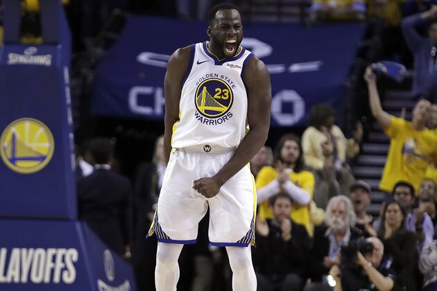 Golden State Warriors' Draymond Green celebrates a score against the Houston Rockets during the second half of Game 5 of a second-round NBA basketball playoff series Wednesday, May 8, 2019, in Oakland, Calif. (AP Photo/Ben Margot)