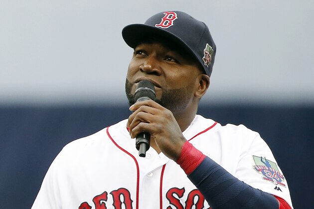 Boston Red Sox's David Ortiz address the crowd during ceremonies to honor his retirement before a baseball game against the Toronto Blue Jays in Boston, Sunday, Oct. 2, 2016. (AP Photo/Michael Dwyer)