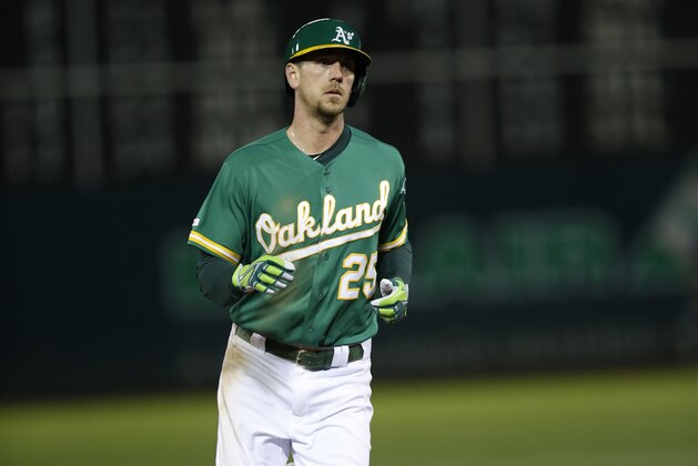 OAKLAND, CA - MAY 24: Stephen Piscotty #25 of the Oakland Athletics runs the bases after hitting a home run during the game against the Seattle Mariners at the Oakland-Alameda County Coliseum on May 24, 2019 in Oakland, California. The Athletics defeated the Mariners 6-2. (Photo by Michael Zagaris/Oakland Athletics/Getty Images)