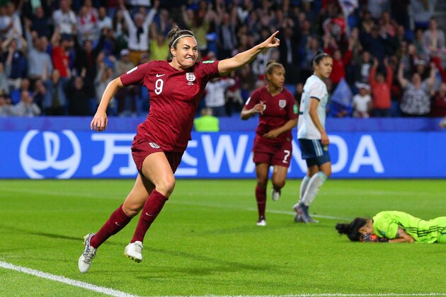 LE HAVRE, FRANCE - JUNE 14: Jodie Taylor of England celebrates scoring the opening goal during the 2019 FIFA Women's World Cup France group D match between England and Argentina at  on June 14, 2019 in Le Havre, France. (Photo by Craig Mercer/MB Media/Getty Images)