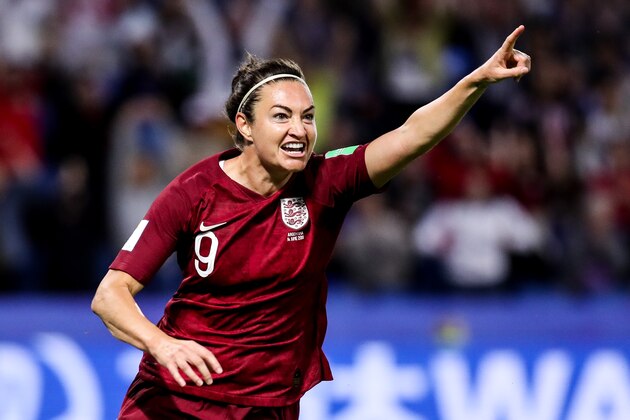 LE HAVRE, FRANCE - JUNE 14: #9 Jodie Taylor of England celebrates her scoring during the 2019 FIFA Women's World Cup France group D match between England and Argentina at  on June 14, 2019 in Le Havre, France. (Photo by Zhizhao Wu/Getty Images)