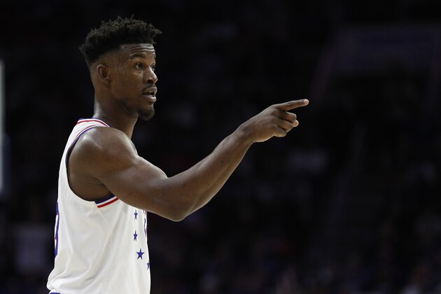Philadelphia 76ers' Jimmy Butler reacts during the second half of Game 6 of a second-round NBA basketball playoff series against the Toronto Raptors, Thursday, May 9, 2019, in Philadelphia. 76ers won 112-101. (AP Photo/Chris Szagola)
