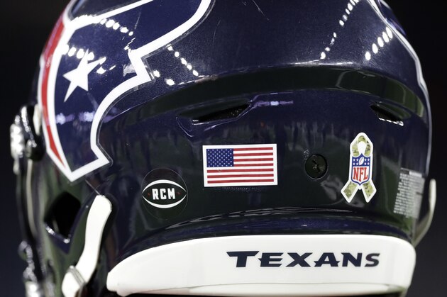 A decal with the initials of Houston Texans owner Robert